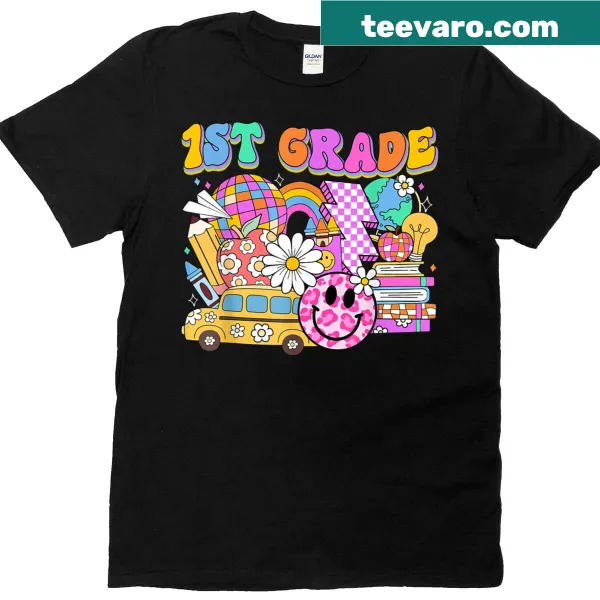 Back to school shirt with school supplies graphics for first graders