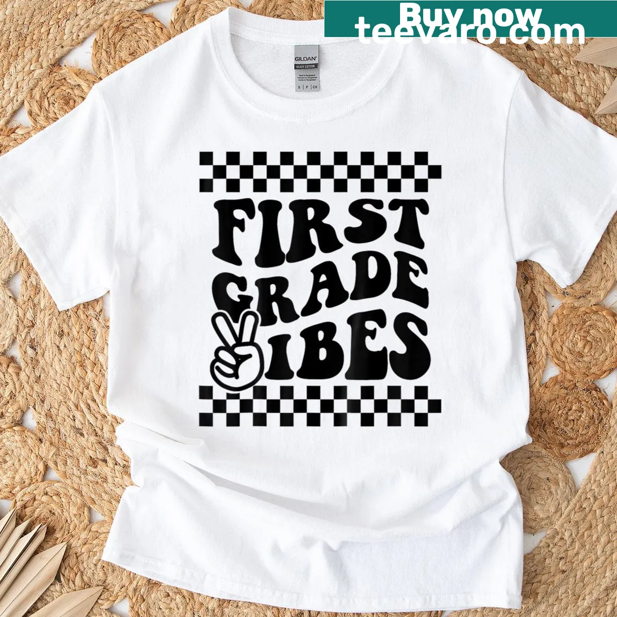 Retro groovy checkerboard back-to-school t-shirt design — on a men's t-shirt