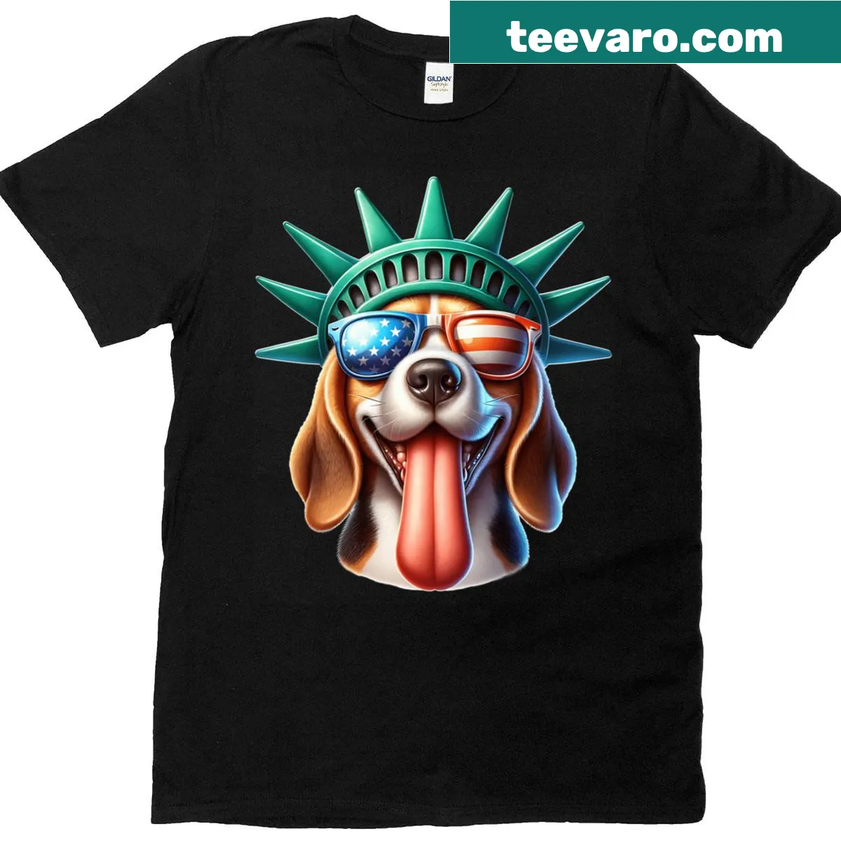 Fourth of July T-shirt featuring a beagle in a patriotic design — on a men's t-shirt