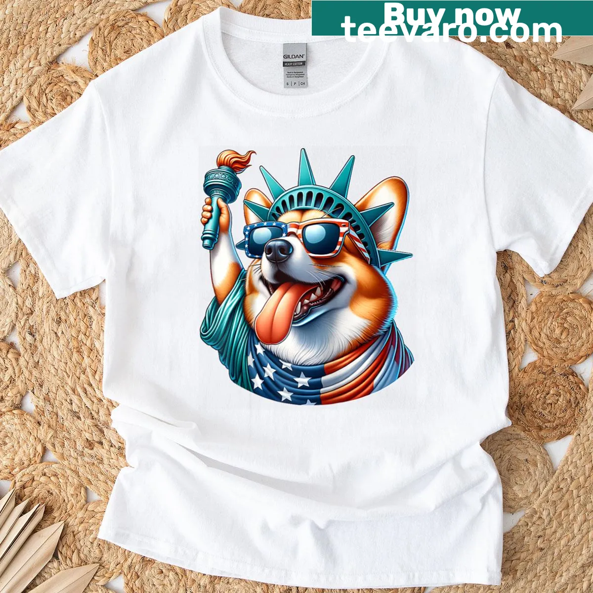 Fourth of July Corgi t-shirt with patriotic corgi illustrations — on a men's t-shirt