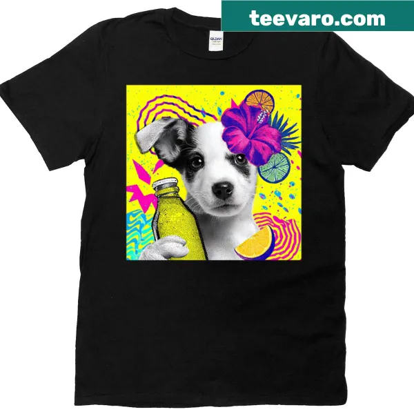 Oversized T-shirt featuring a cartoon dog with a pineapple drink in a tropical theme