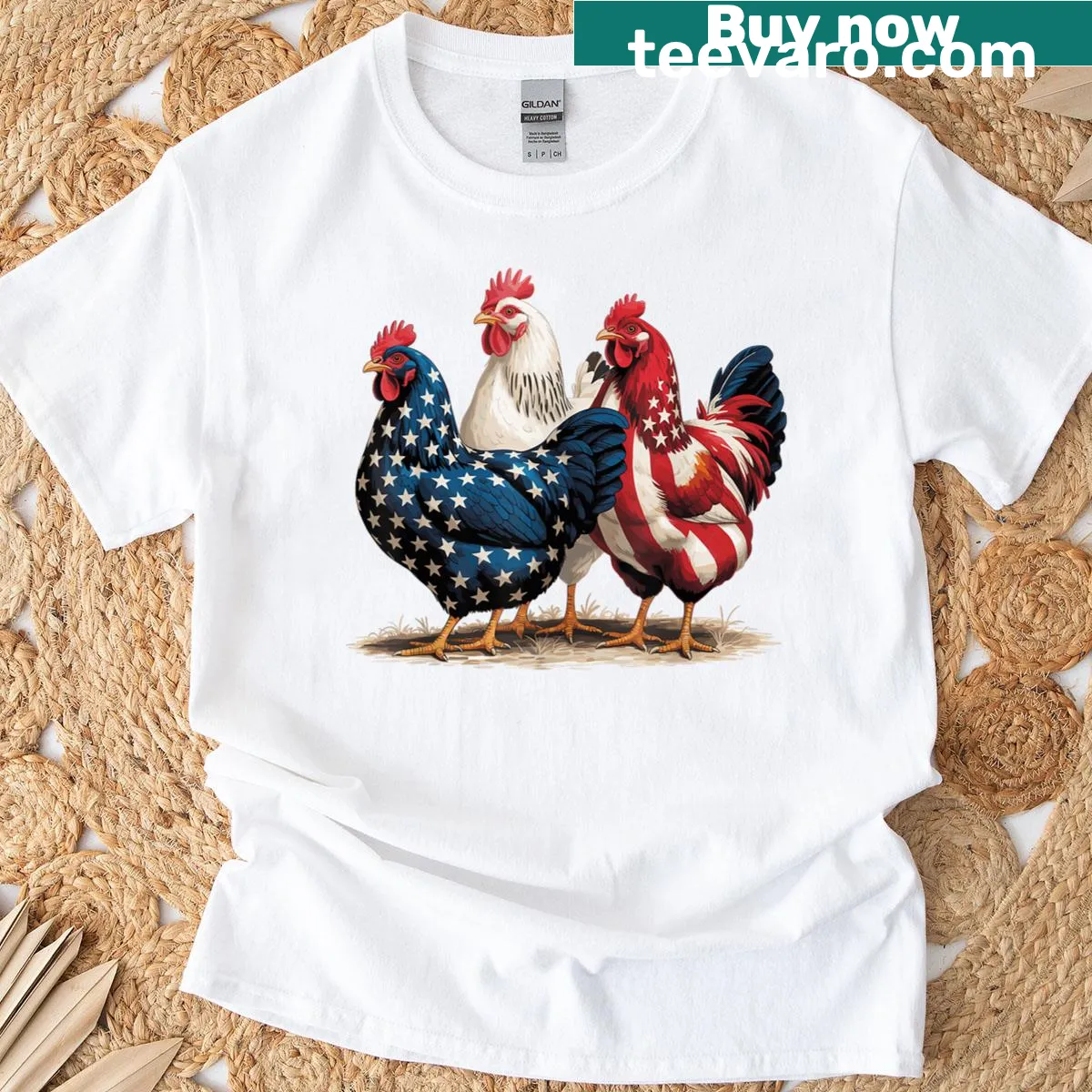 T-shirt with a cartoon rooster and American flag design for Independence Day — on a men's t-shirt