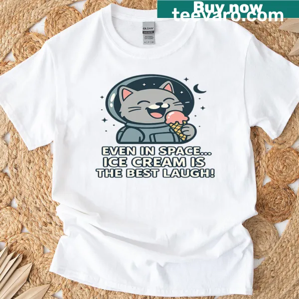 Cute illustration of an astronaut cat eating ice cream in space