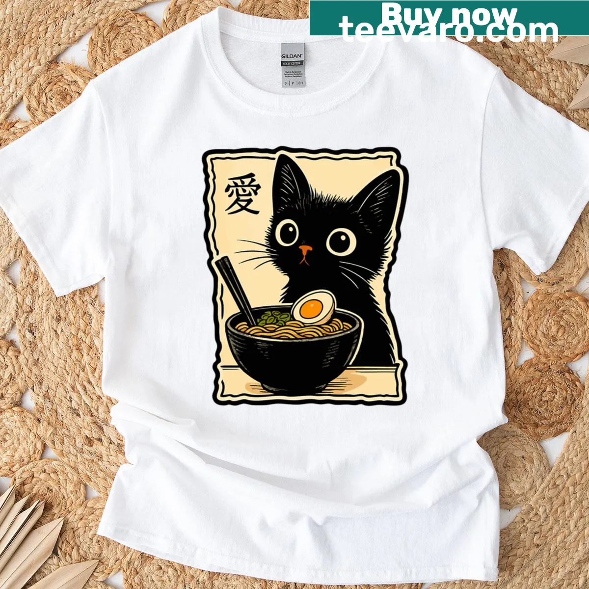 Cute cat ramen t-shirt with kawaii anime graphic — on a men's t-shirt