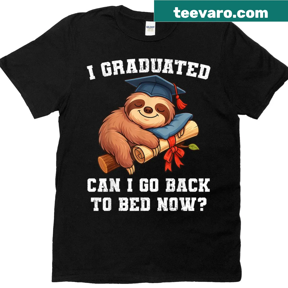 Cartoon sloth graduation t-shirt with 'I Graduated, Can I Go Back To Bed Now' text — on a men's t-shirt