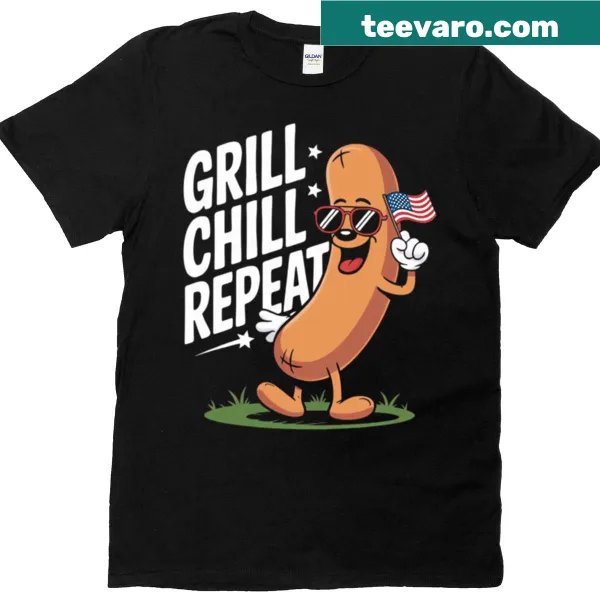 Patriotic hot dog t-shirt with grill and chill text