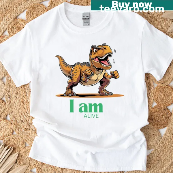 Goofy cartoon T-rex graphic T-shirt for kids and adults