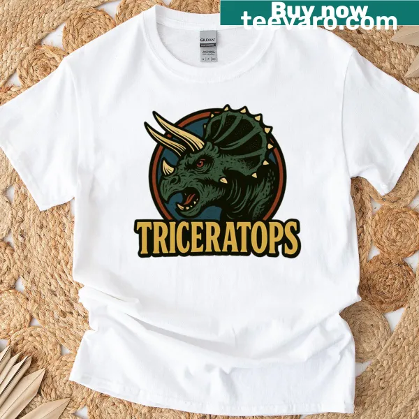 Retro T-shirt featuring a fierce triceratops graphic