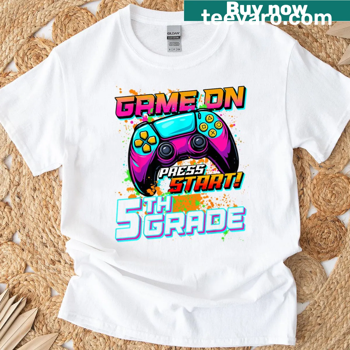 T-shirt for kids with 'Game On Press Start' graphic design — on a men's t-shirt