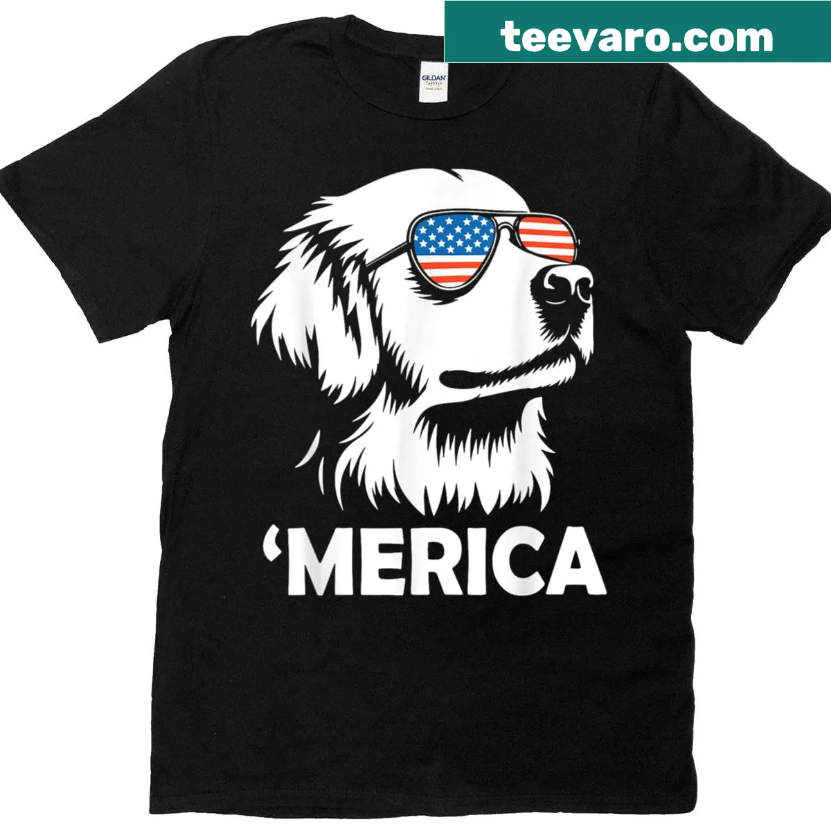 Golden Retriever wearing sunglasses on 4th of July t-shirt — on a men's t-shirt