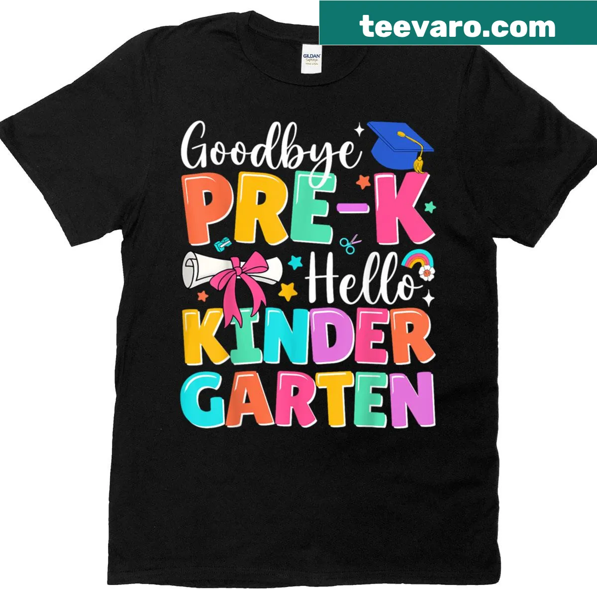 Graduation T-shirt with text Goodbye Pre-k Hello Kindergarten — on a men's t-shirt