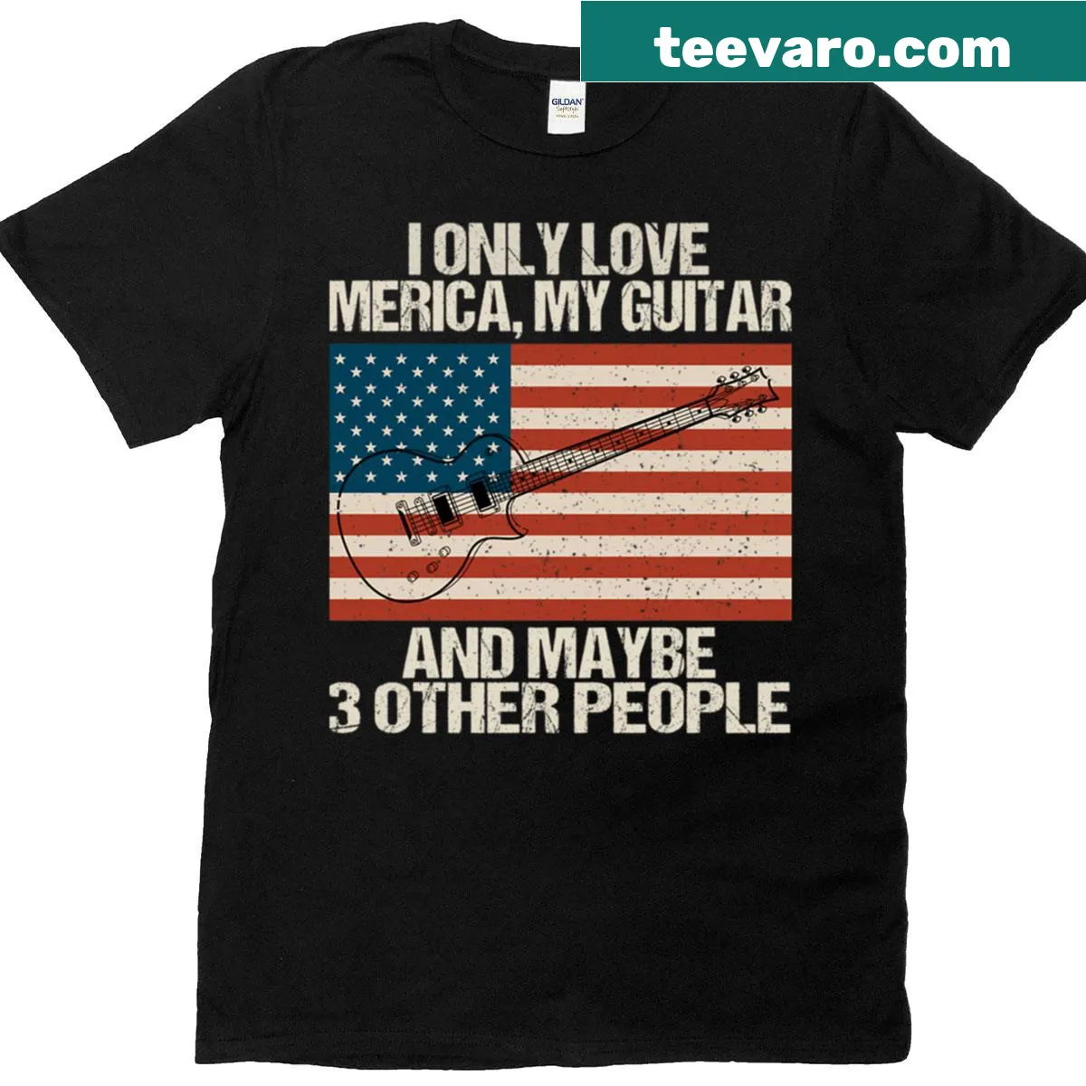 Patriotic guitar-themed tee with American flag and humorous text — on a men's t-shirt