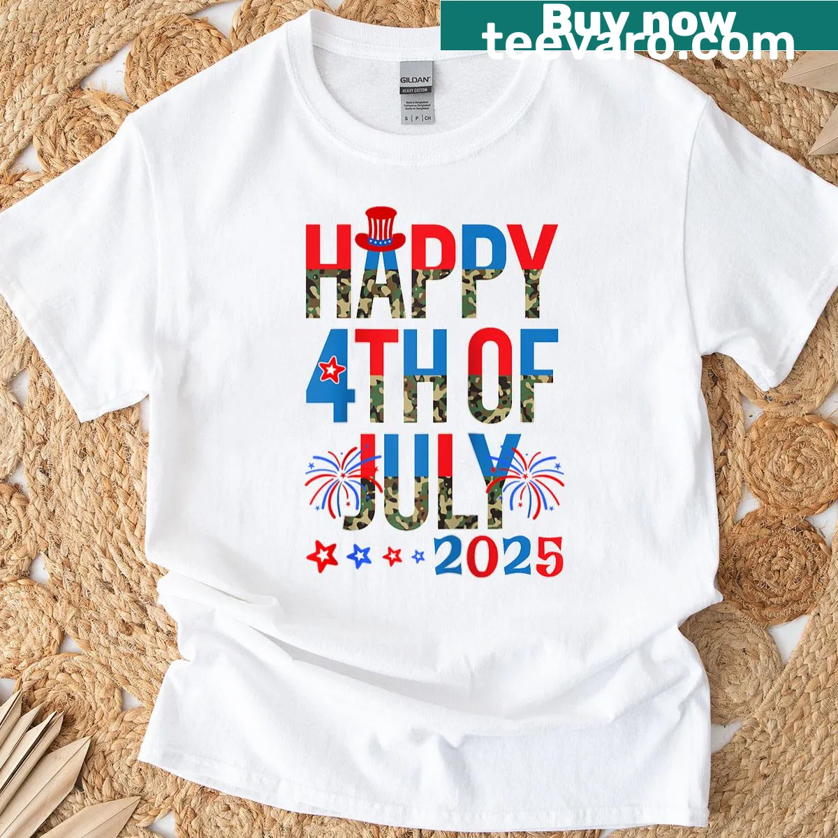 Camo raglan baseball tee featuring funny 4th of July design — on a men's t-shirt