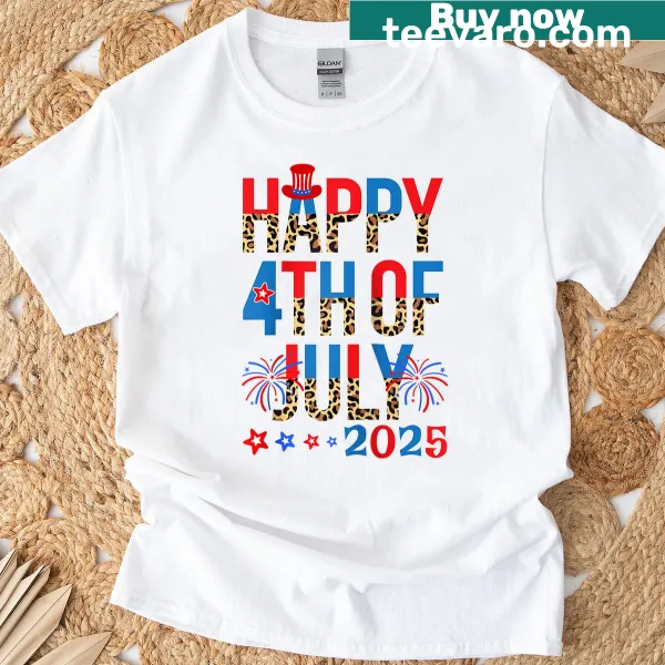 Leopard print raglan tee with humorous Fourth of July design