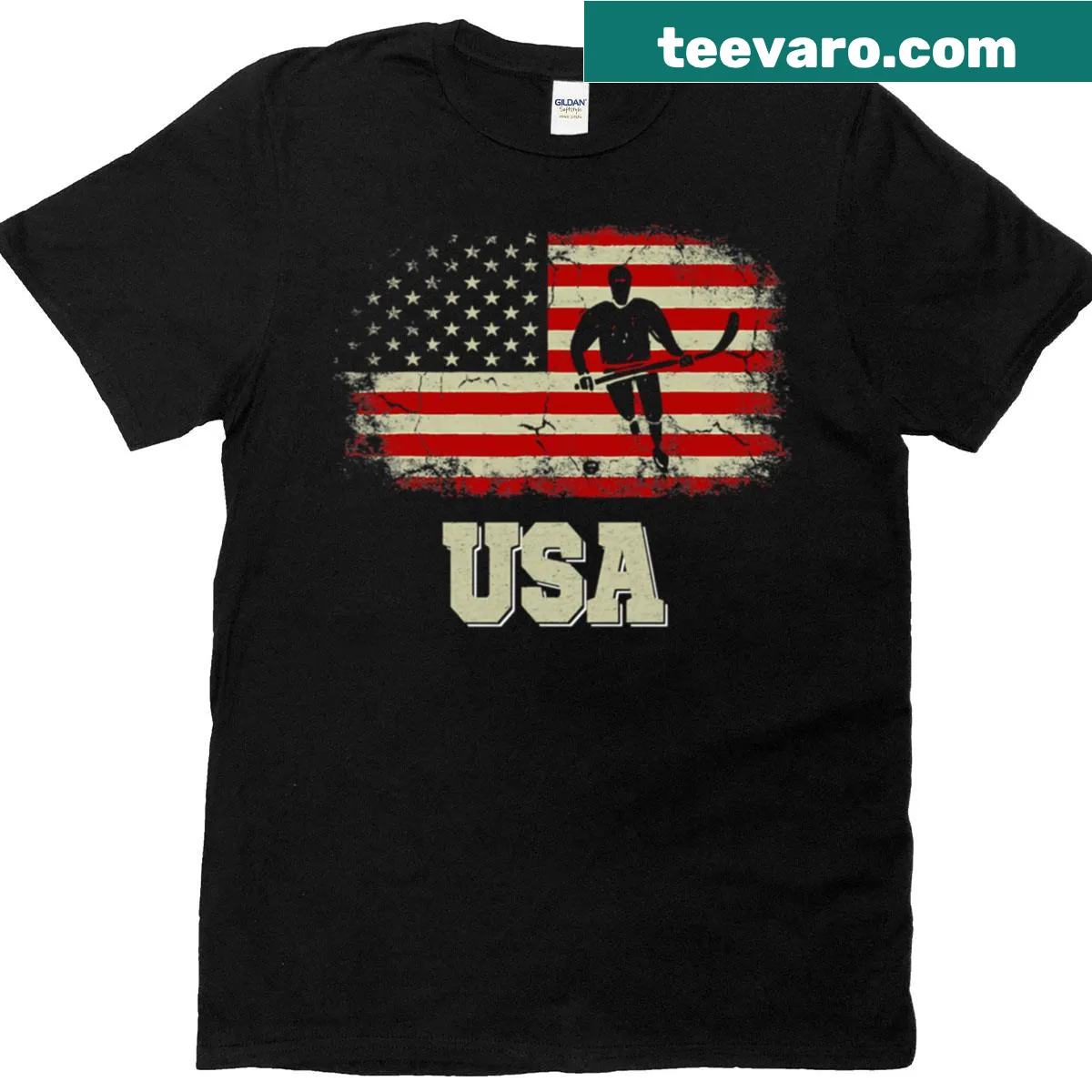 Hockey-themed T-shirt with USA flag for Fourth of July — on a men's t-shirt