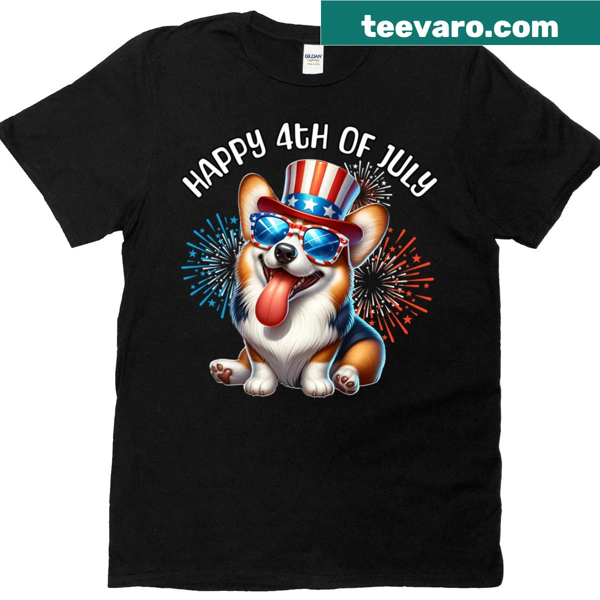 Corgi-themed t-shirt celebrating July 4th with festive illustration — on a men's t-shirt