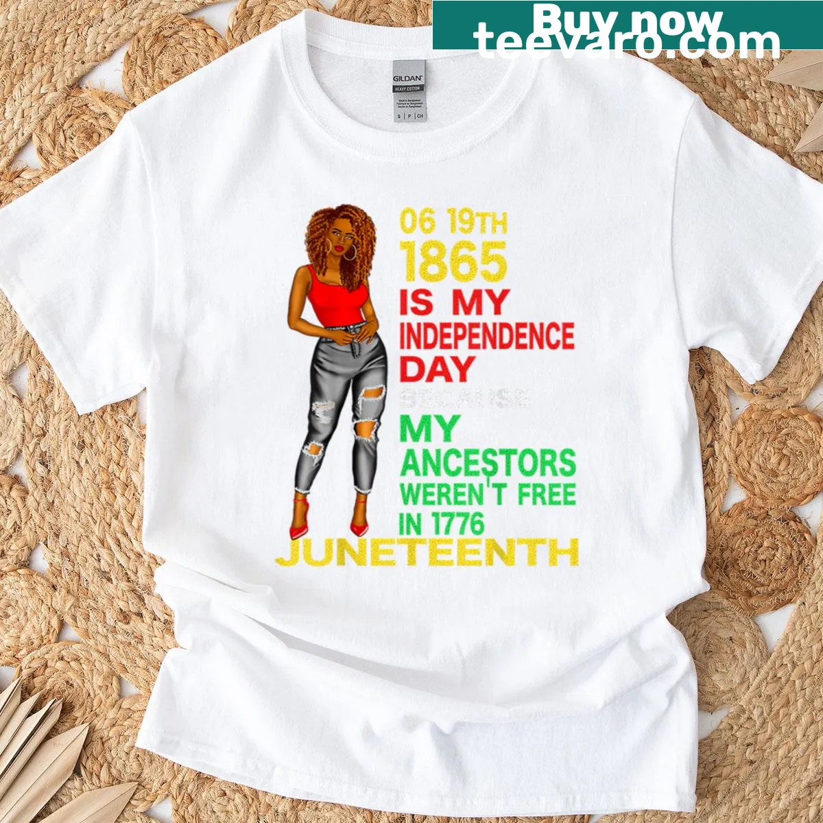 Celebratory Juneteenth t-shirt highlighting independence for Black women. — on a men's t-shirt