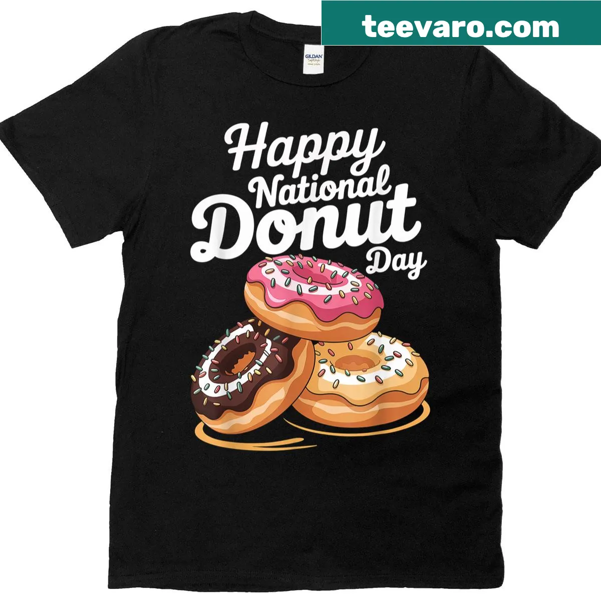 Cartoon donuts stacked with sprinkles, cheerful design for donut lovers — on a men's t-shirt