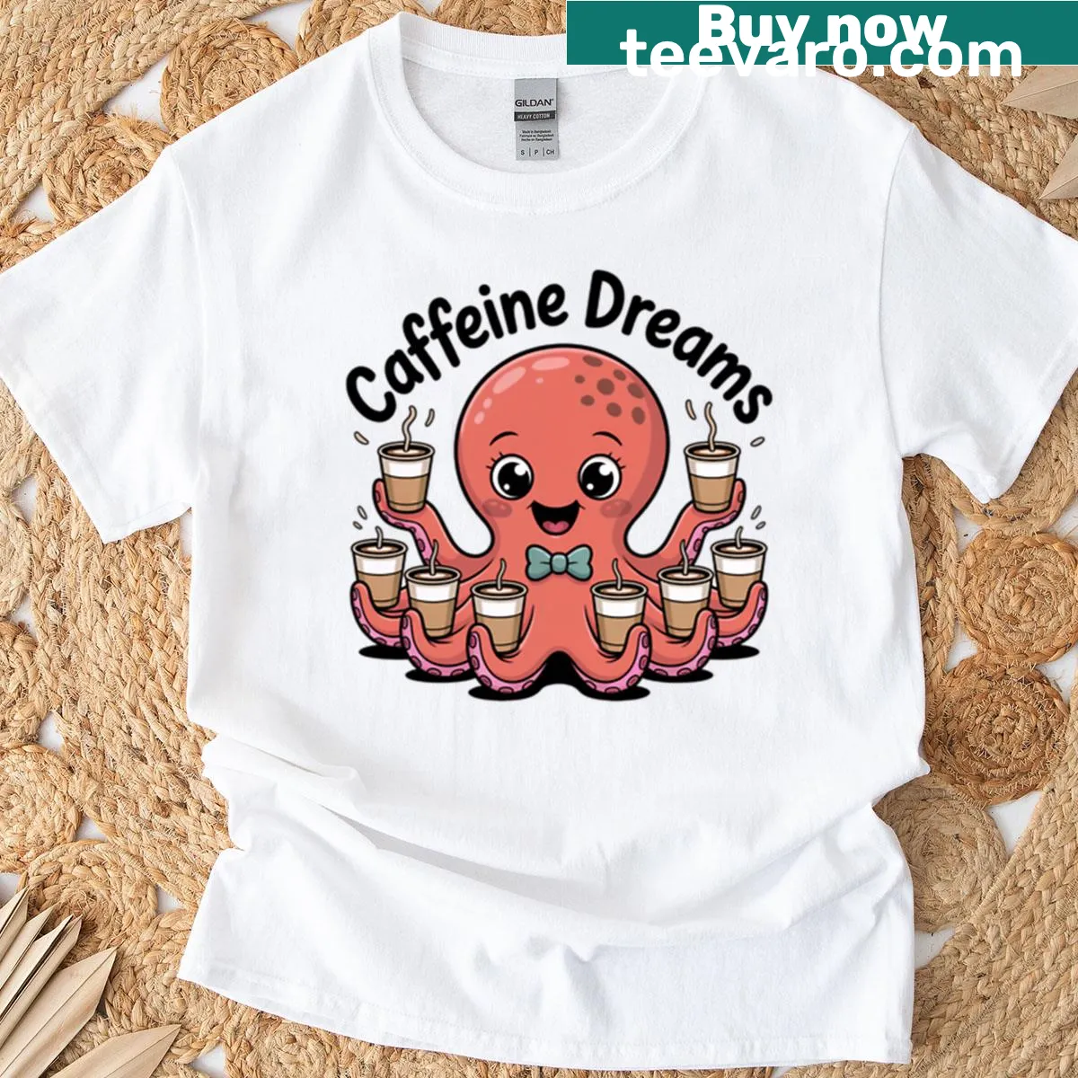 Cartoon octopus holding coffee cups on a T-shirt — on a men's t-shirt