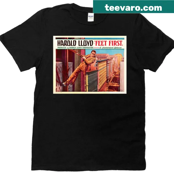 Graphic T-shirt featuring Harold Lloyd's iconic stunt with witty text
