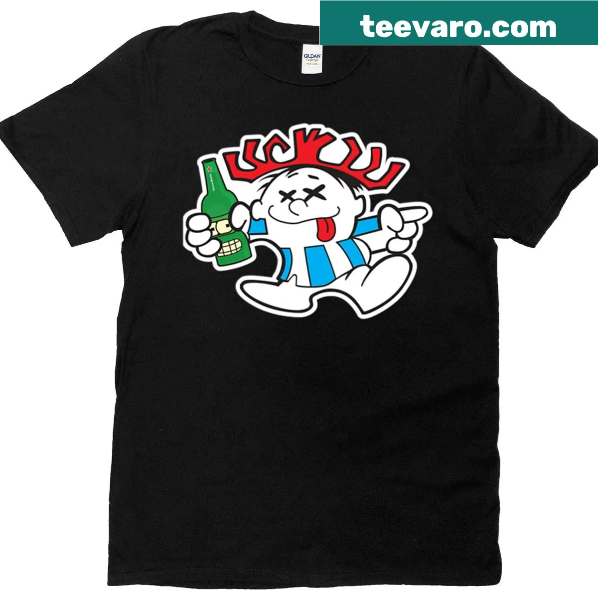 Funny T-shirt featuring a playful Hawaiian Punch drunk design. — on a men's t-shirt