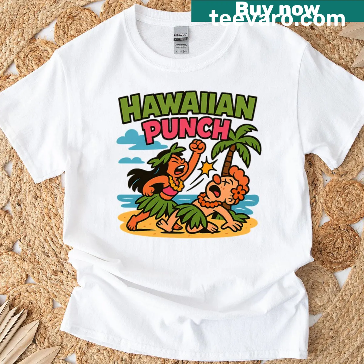 Oversized T-shirt featuring a playful island smackdown scene — on a men's t-shirt