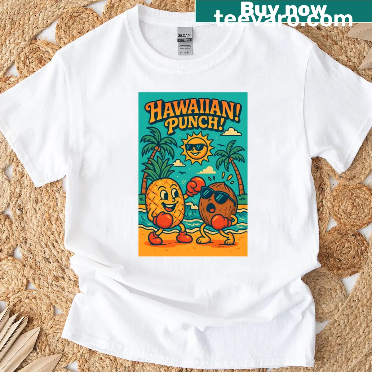 Retro Hawaiian Punch t-shirt with pineapple and coconut graphic — on a men's t-shirt