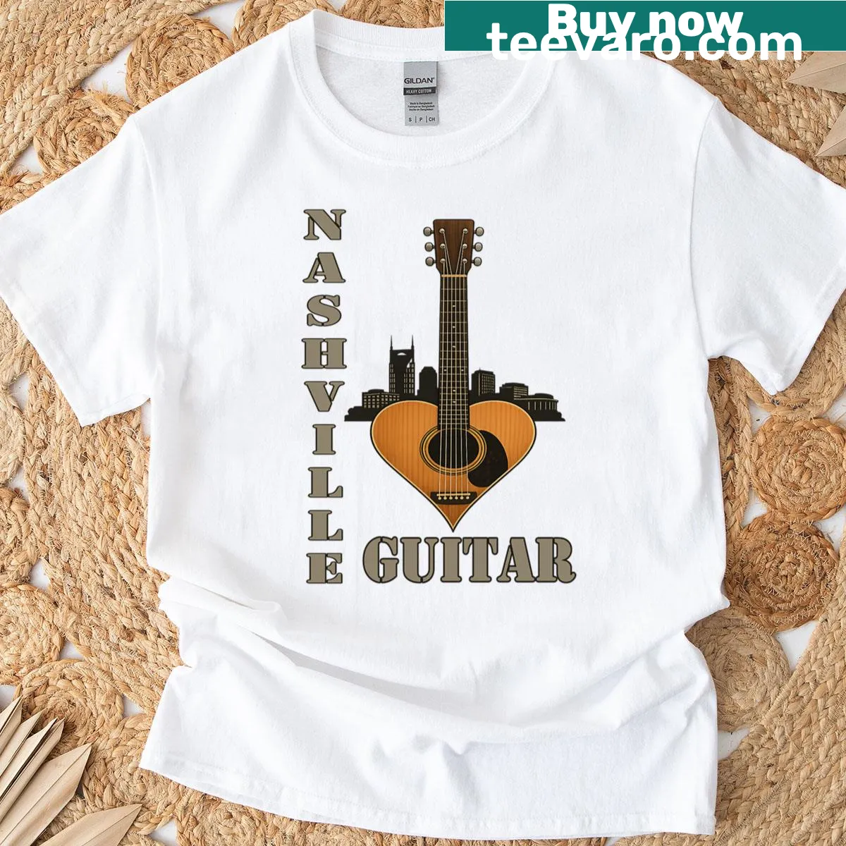 Illustrated guitar tribute t-shirt celebrating Nashville — on a men's t-shirt