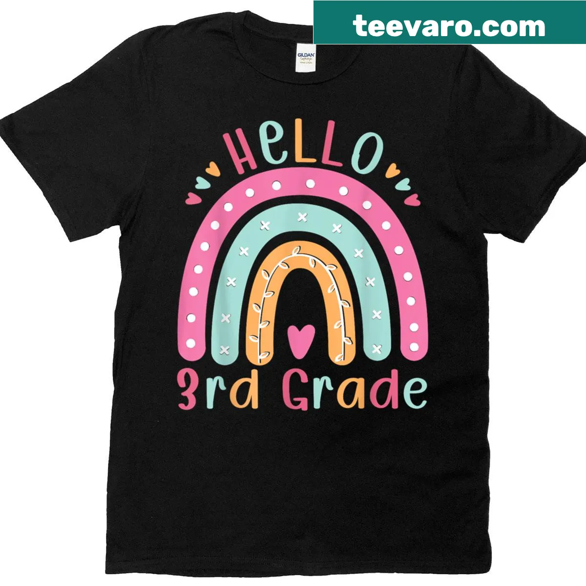 Colorful rainbow graphic with text 'Hello Third Grade' for teachers — on a men's t-shirt