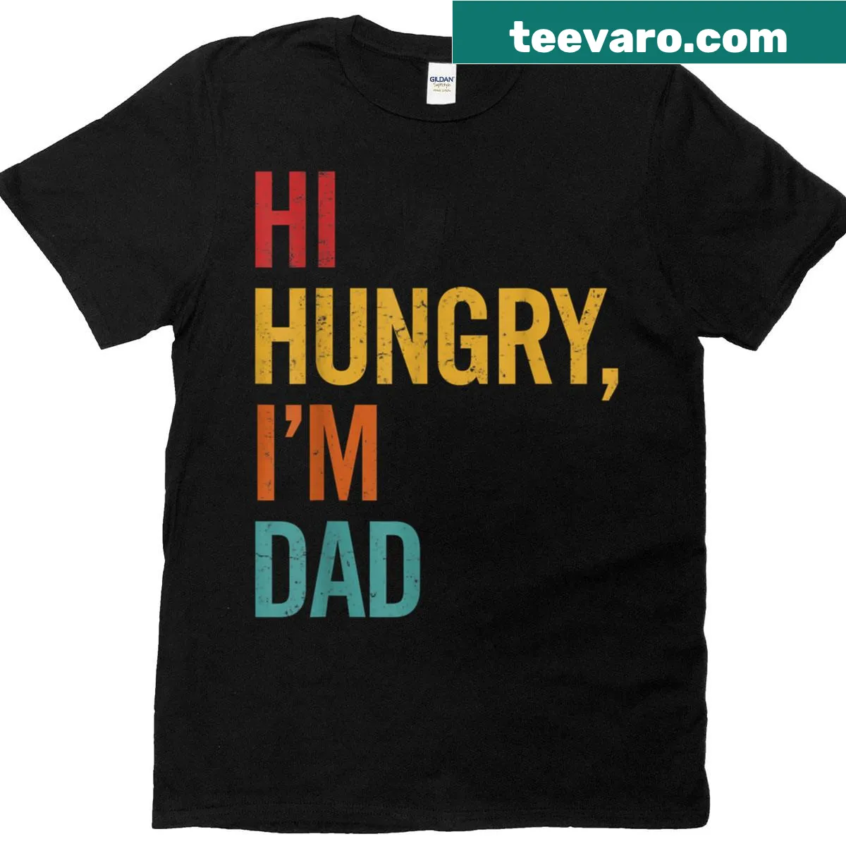 Funny t-shirt featuring the dad joke 'Hi Hungry, I'm Dad' in playful typography — on a men's t-shirt