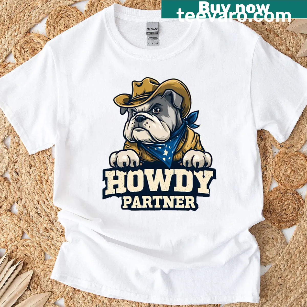 Oversized t-shirt with a cartoon bulldog in a cowboy hat — on a men's t-shirt