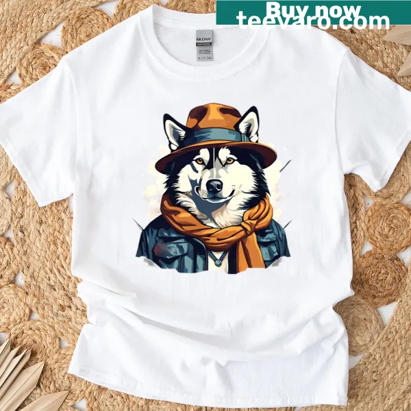 Illustration of a husky wearing a hat on a t-shirt