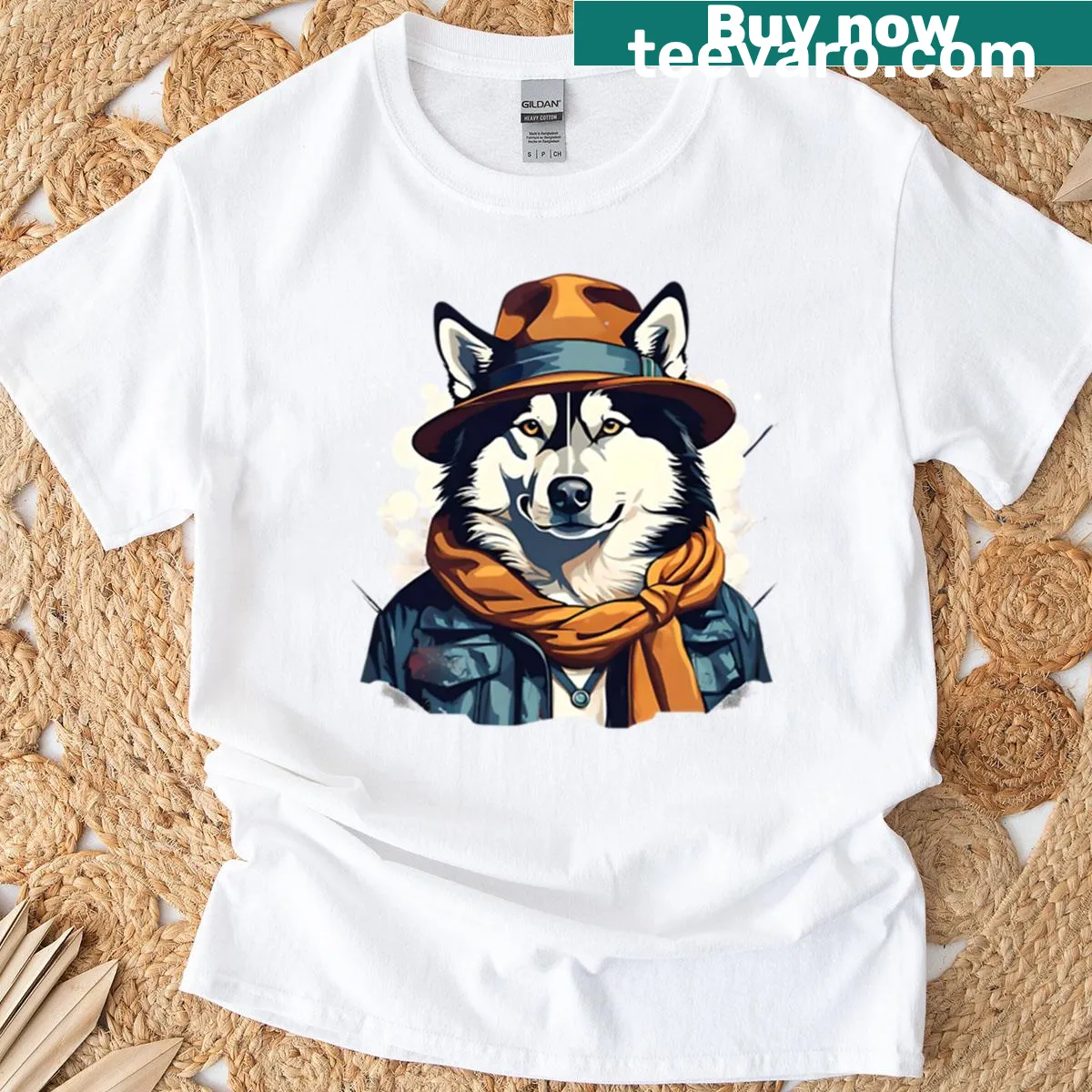 Illustration of a husky wearing a hat on a t-shirt — on a men's t-shirt
