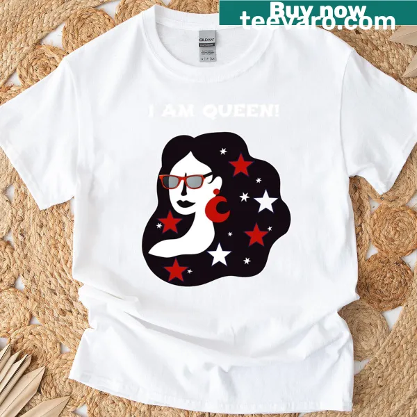 Stylish white T-shirt with the empowering phrase 'I Am Queen' in elegant typography.