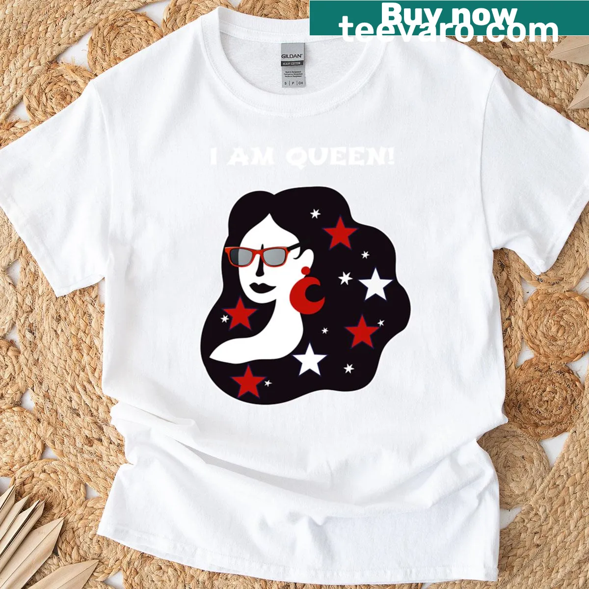 Stylish white T-shirt with the empowering phrase 'I Am Queen' in elegant typography. — on a men's t-shirt