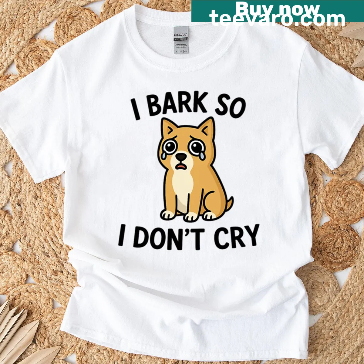 Oversized t-shirt with a crying dog meme and the phrase 'I Bark So I Don’t Cry' — on a men's t-shirt