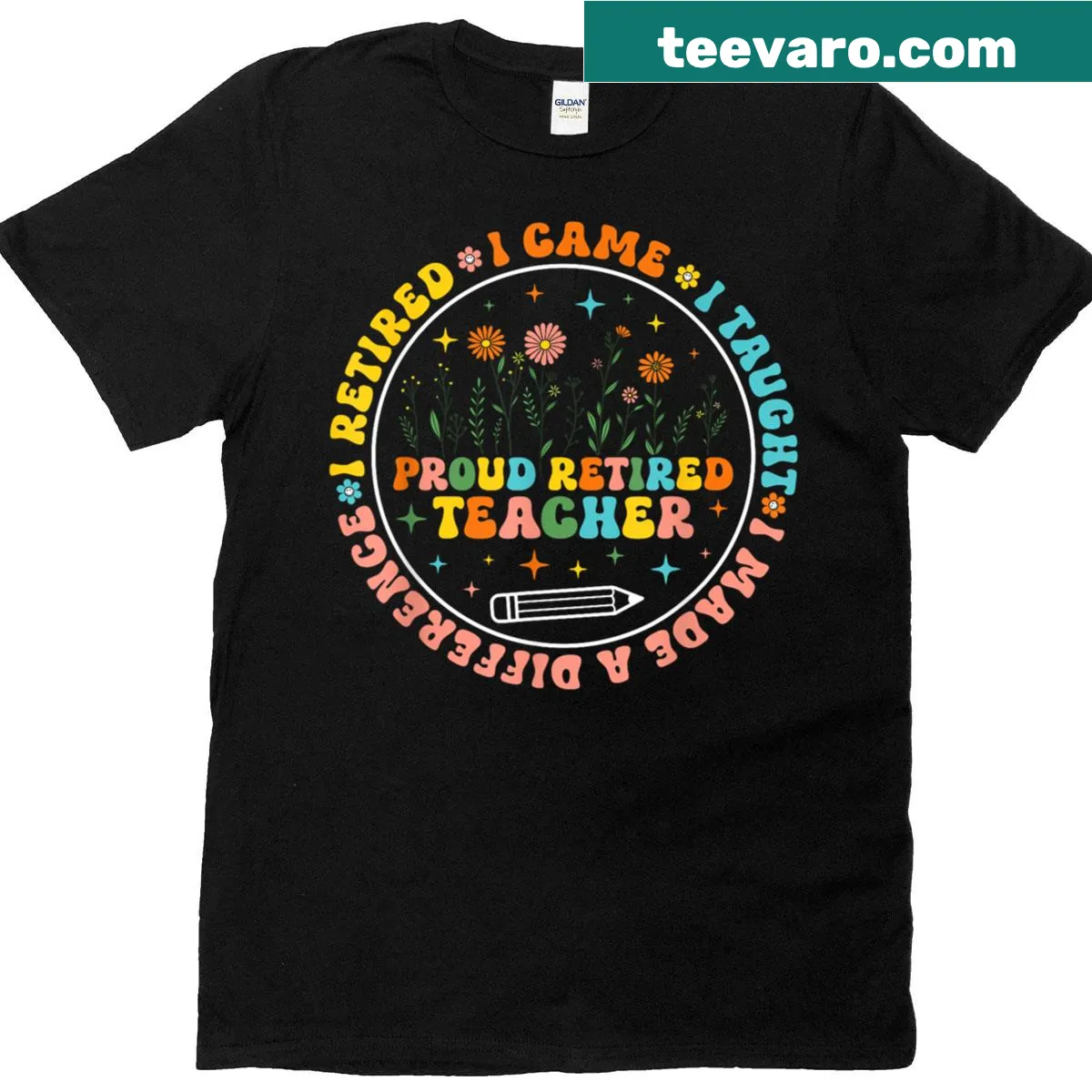 Floral design T-shirt with retirement message for teachers — on a men's t-shirt