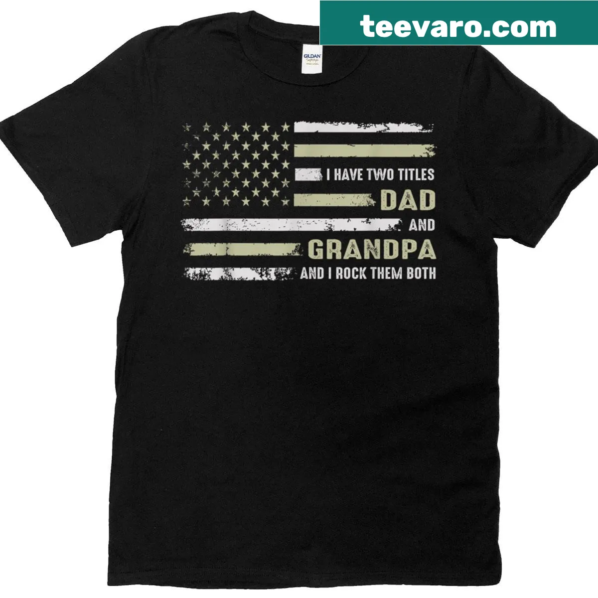 T-shirt showing the titles 'Dad' and 'Grandpa' with a USA flag design. — on a men's t-shirt