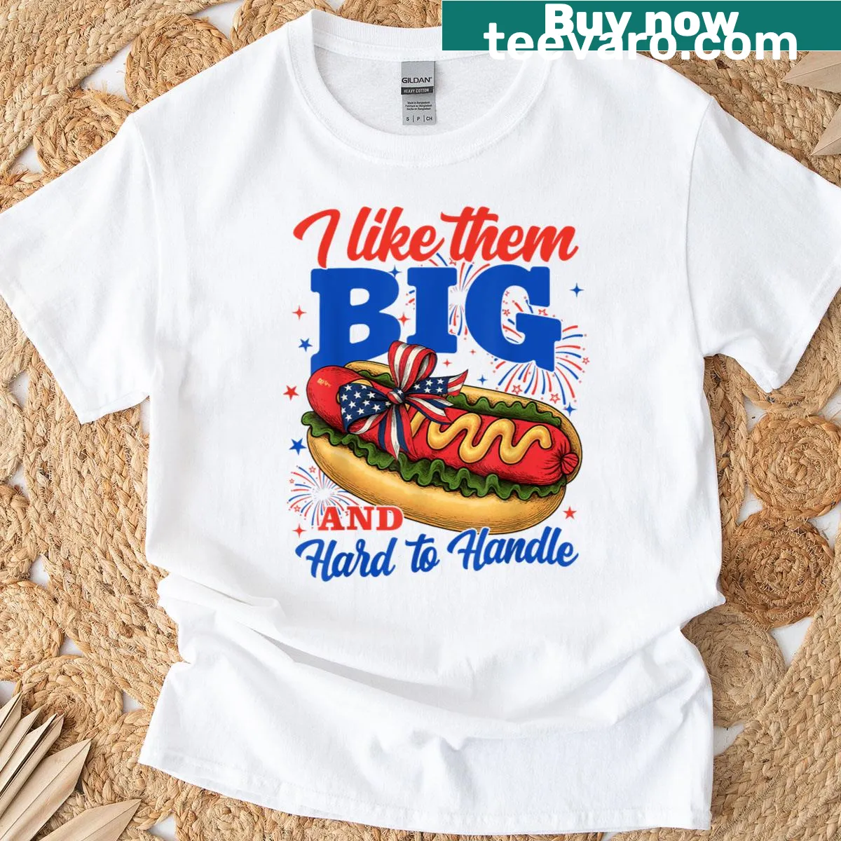 Funny hot dog graphic t-shirt with humorous Independence Day text — on a men's t-shirt