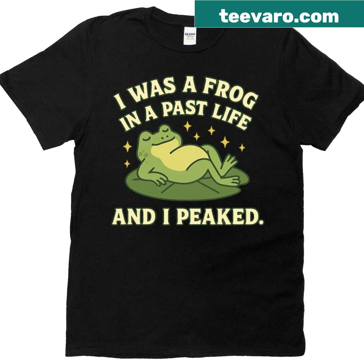 Playful t-shirt with frog and past life theme — on a men's t-shirt