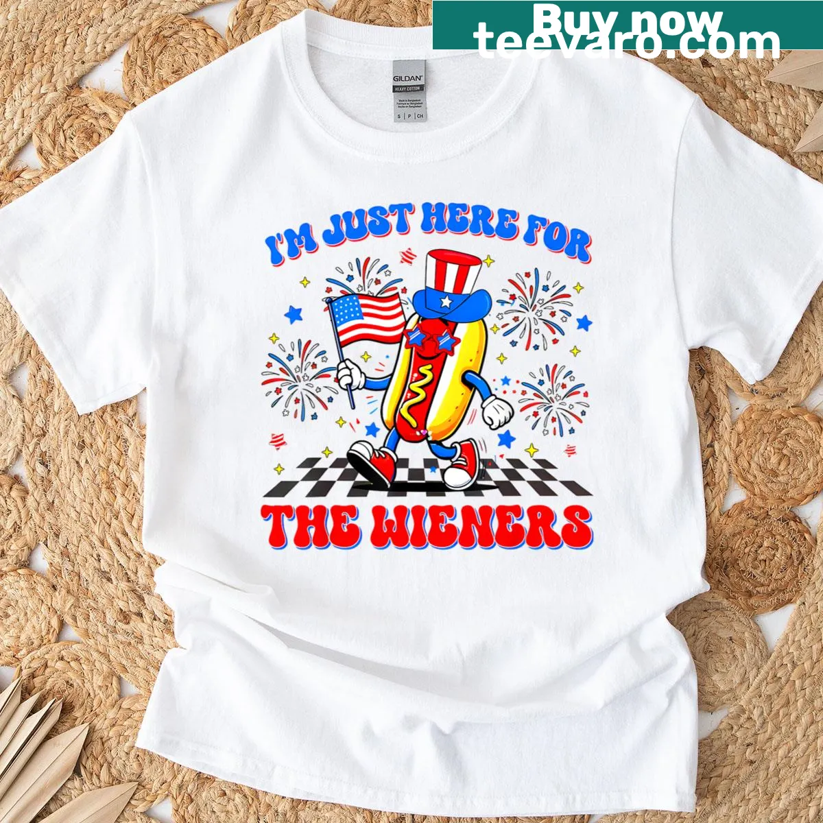 Patriotic T-shirt with humorous hotdog graphic for Fourth of July — on a men's t-shirt