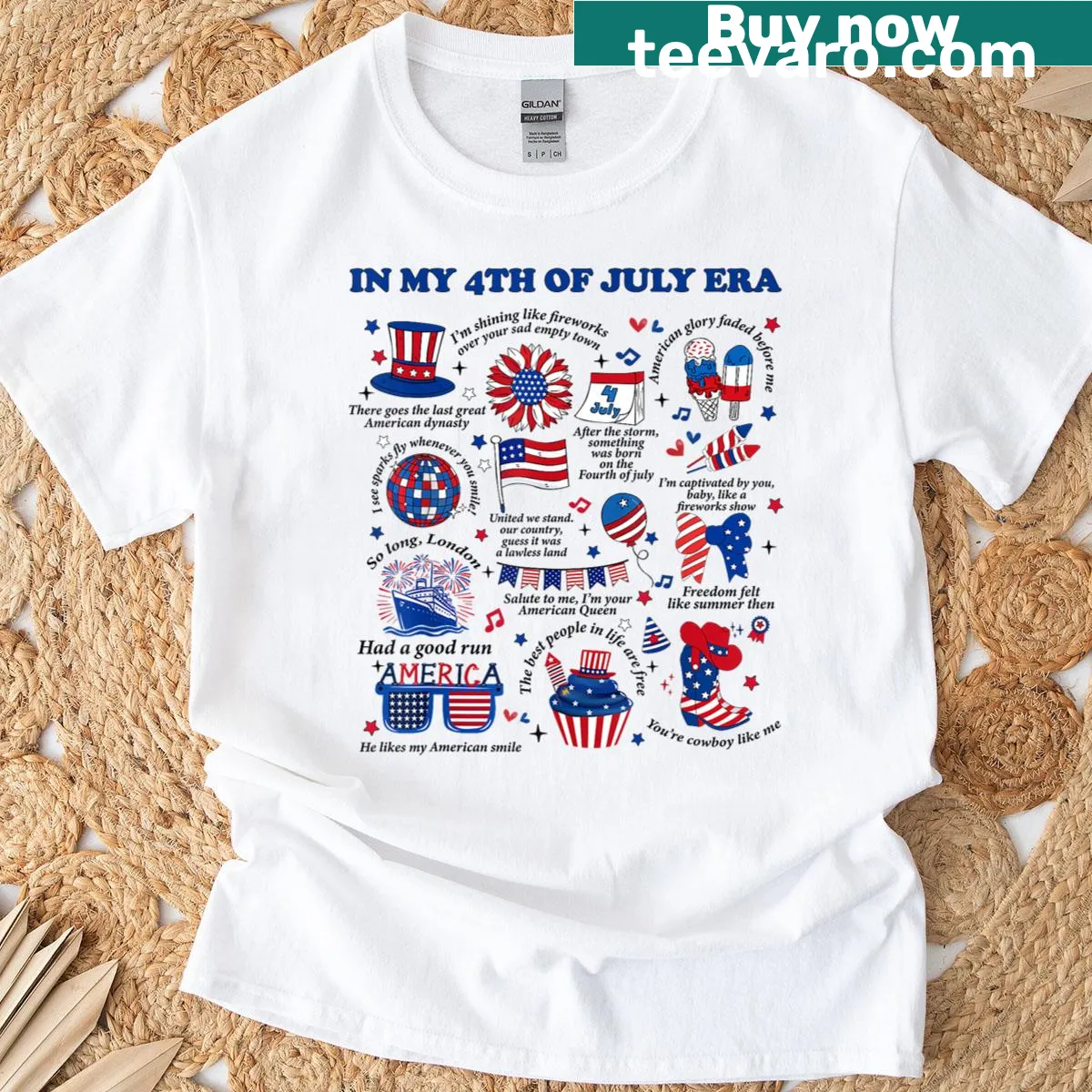 Funny July 4th shirt with humorous text about the era — on a men's t-shirt