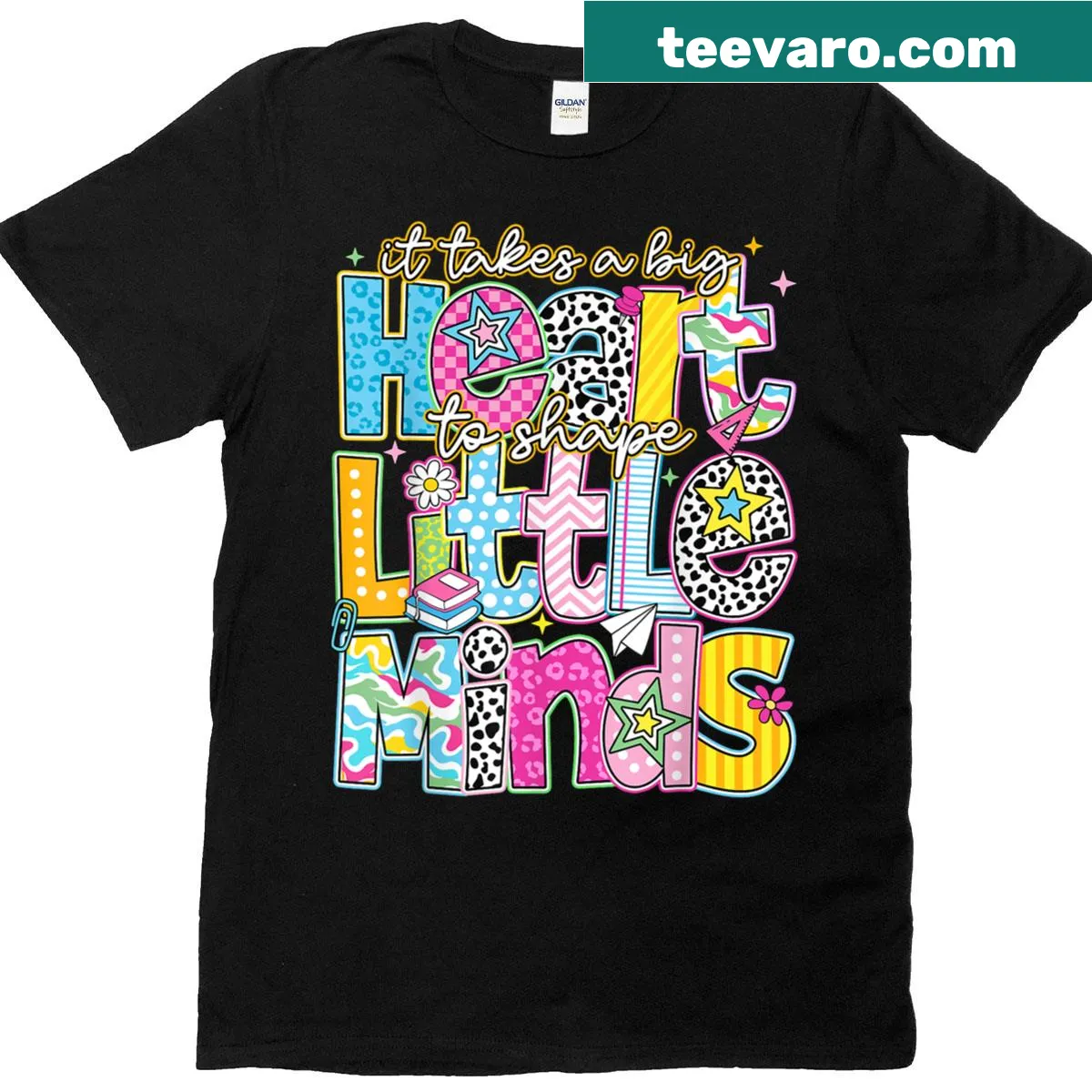 Sentimental teacher t-shirt with the phrase It Takes A Big Heart To Shape Little Minds — on a men's t-shirt