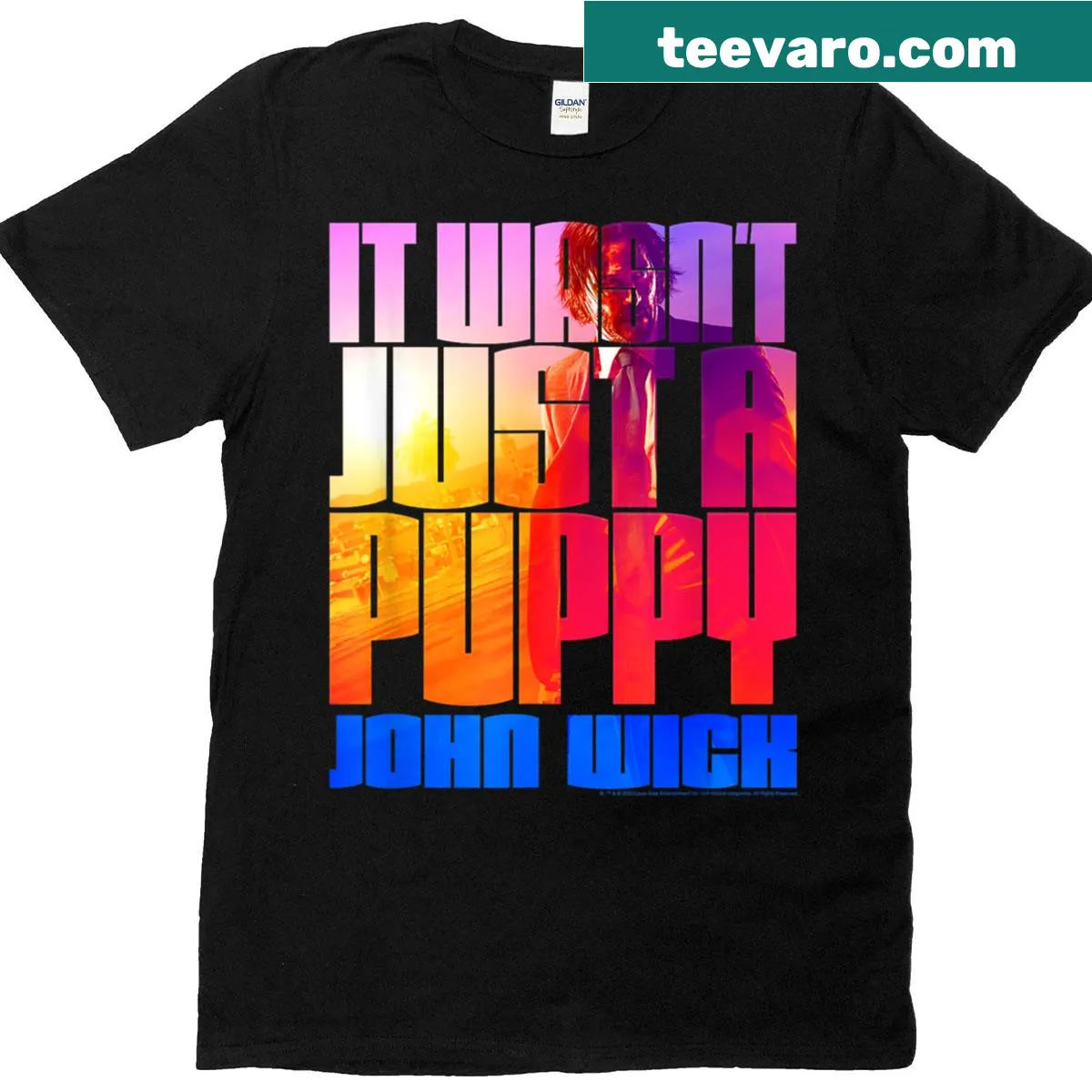 John Wick t-shirt with bold typography referencing the puppy storyline — on a men's t-shirt