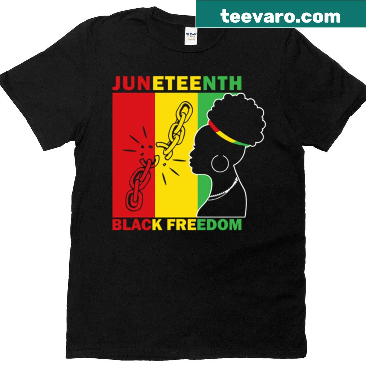 Juneteenth T-shirt honoring Black freedom with bold typography — on a men's t-shirt