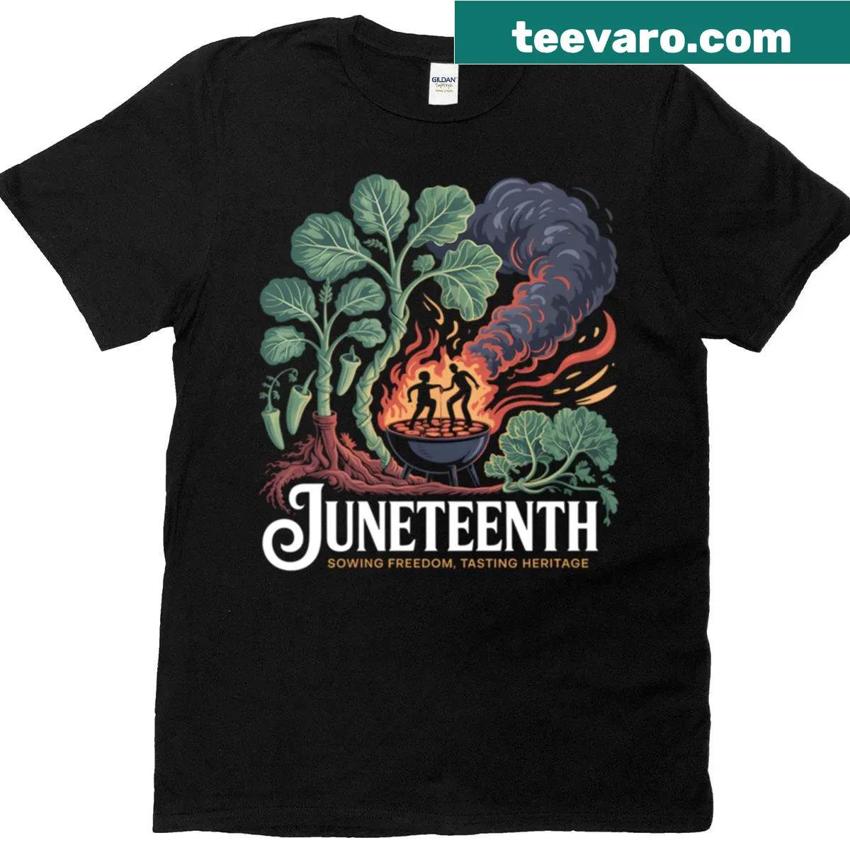 T-shirt celebrating Juneteenth with barbecue and gardening illustrations — on a men's t-shirt