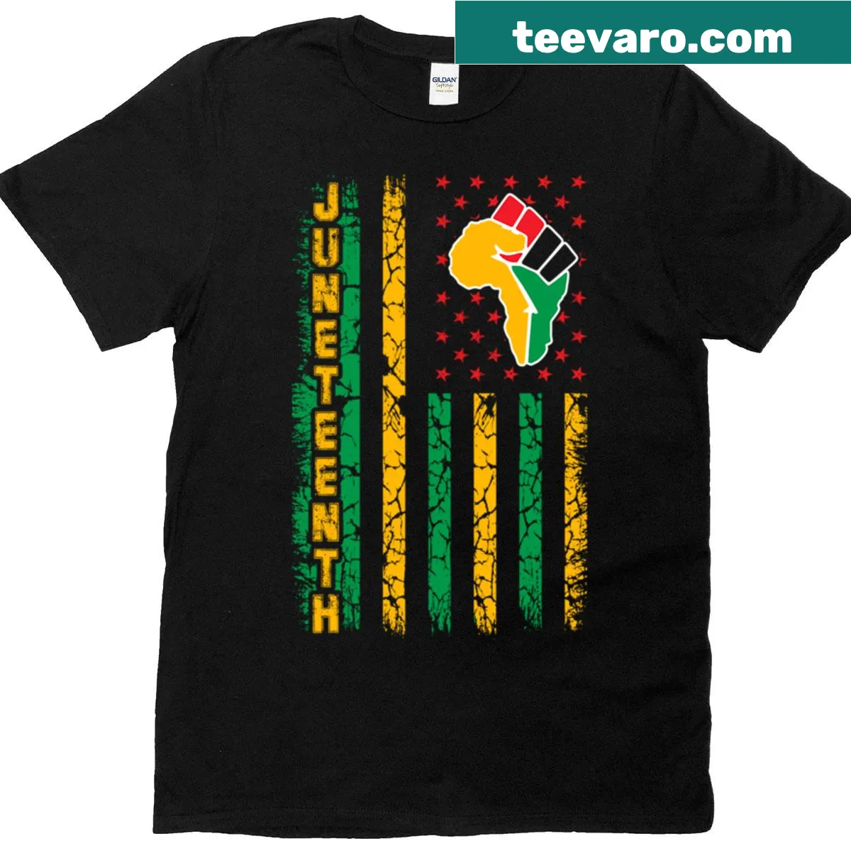 Juneteenth T-shirt featuring the flag and African fist design — on a men's t-shirt