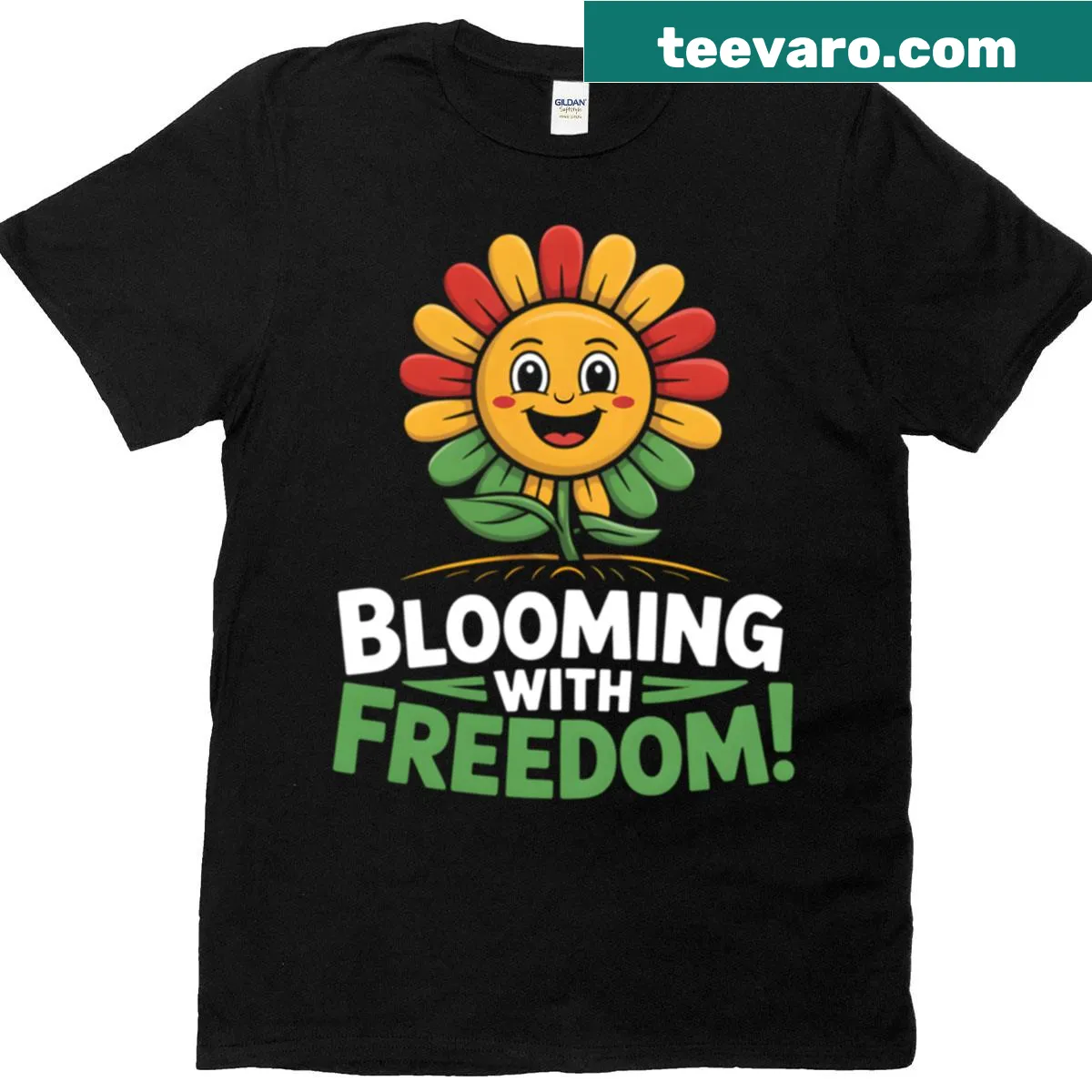 Colorful T-shirt for kids featuring sunflower and freedom theme — on a men's t-shirt