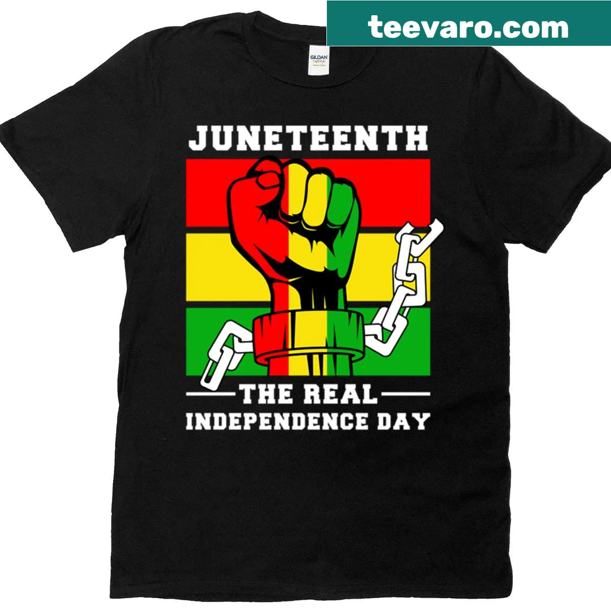 T-shirt declaring Juneteenth as the real Independence Day — on a men's t-shirt
