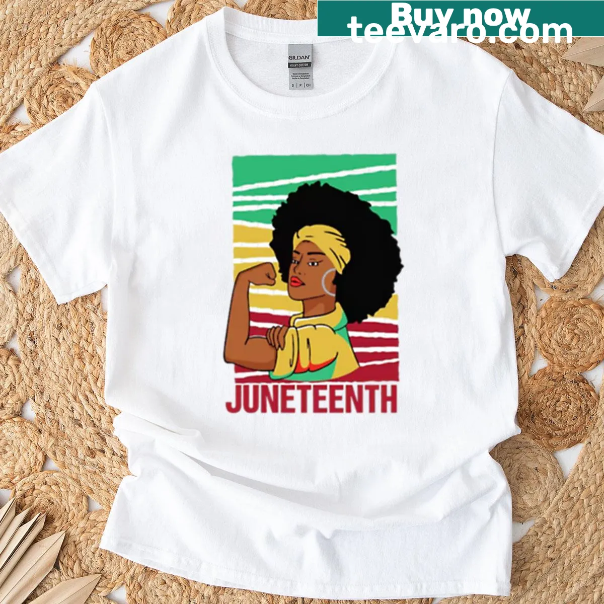 Text T-shirt conveying 'Juneteenth Vibes' with festive graphics — on a men's t-shirt